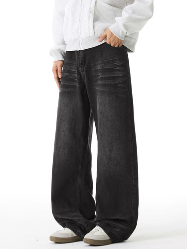 Three-dimensional cat-ear distressed washed denim jeans—autumn new arrival, American-style high-street trendy brand, loose-fit textured straight-leg long pants q
