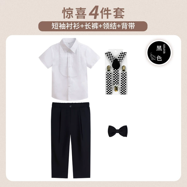 Black set, shirt, trousers, suspenders, bow tie, with short sleeve