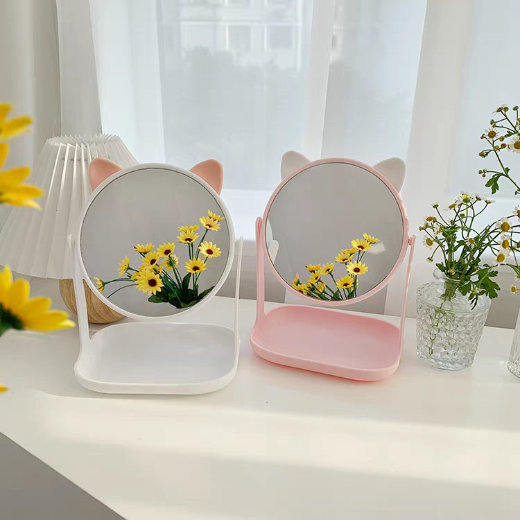Espejo de maquillaje con orejas de gato de plástico, espejo de tocador giratorio de alta definición para el hogar, espejo de dormitorio de una sola cara de alta definición