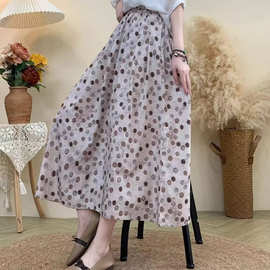 2025年夏装松紧腰棉麻宽松版休闲A字裙 简约文艺波点印花半身裙