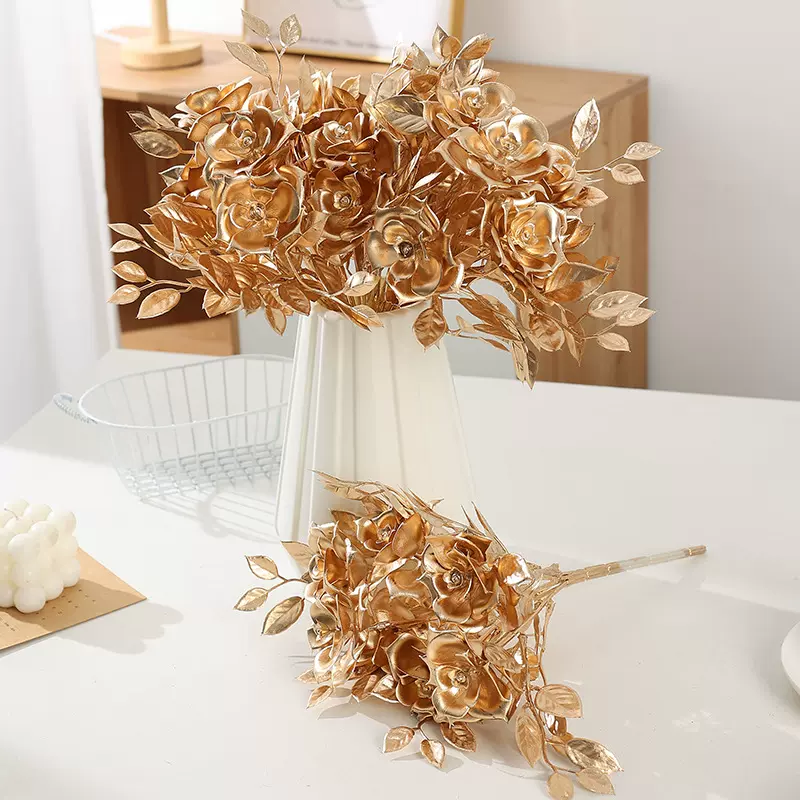 跨境仿真花金色小把玫瑰花圣诞花束插花年宵福桶装饰厂家批发假花
