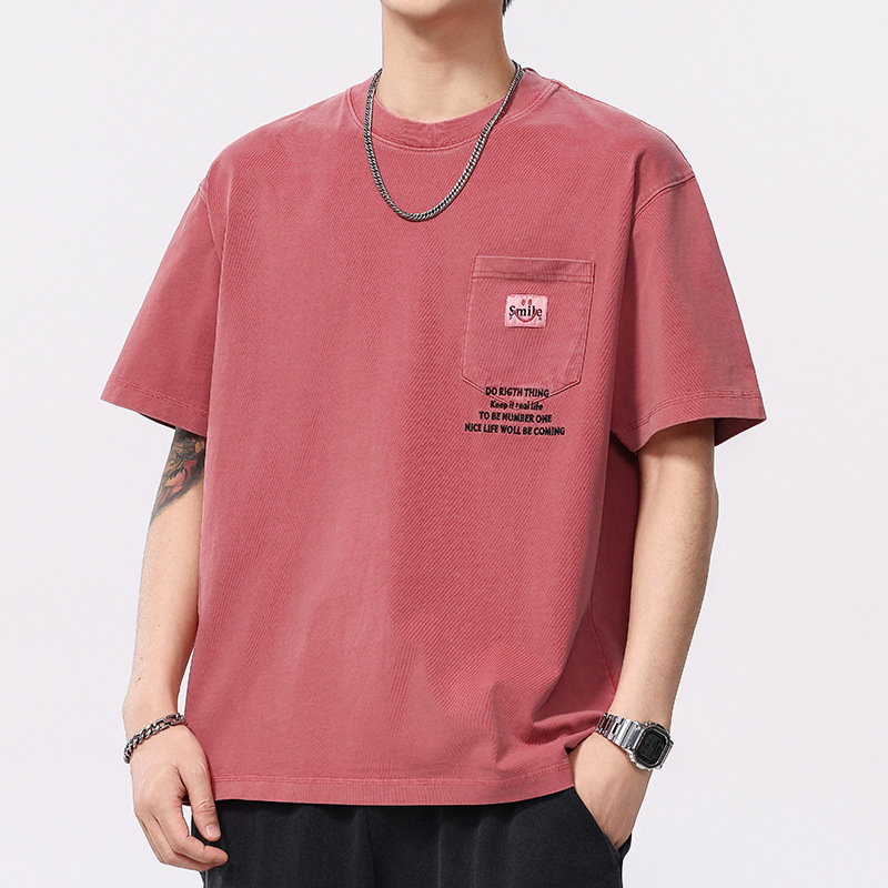 High-end American-style Pure Cotton Heavy-weight Stone Mill Washed T-shirt Men's Short-sleeved 2025 Summer New T-shirt Loose Top Men's High-end American-style Pure Cotton Heavy-weight Stone Mill Washed T-shirt Men's Short-sleeved 2025 Summer New T-shirt Loose Top Men's