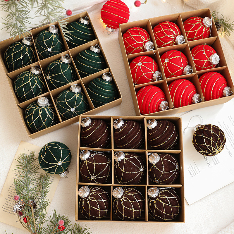 Nuevo plástico flocado bola de Navidad 8CM árbol de Navidad colorida bola caja de paquete colgante bola decoración de Navidad