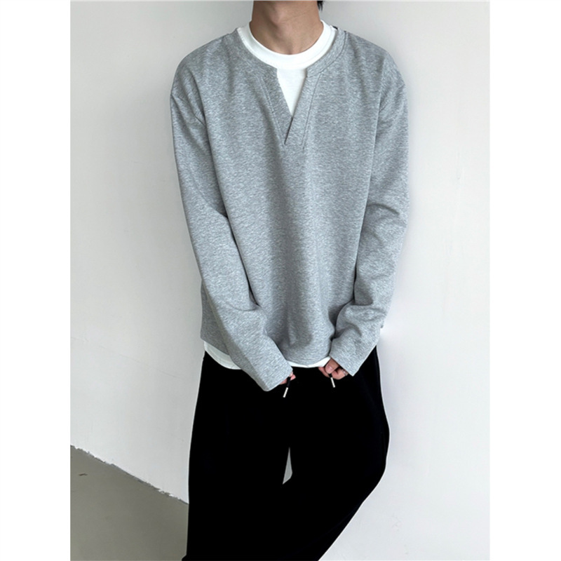 Autumn new silhouette fake two-piece V-neck long sleeve sweater heavyweight 320g drape men's and women's design stitching jacket Autumn new silhouette fake two-piece V-neck long sleeve sweater heavyweight 320g drape men's and women's design stitching jacket