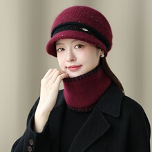 加绒保暖帽子女士中老年奶奶兔毛绒盆帽女秋冬季妈妈防寒围脖套帽