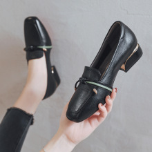 真皮中跟单鞋女新款春秋一脚蹬乐福鞋大码女鞋41-43休闲皮鞋