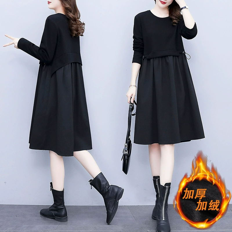 Толстое плюшевое платье с длинными рукавами плюс размер женщины 2024 осень и зима новая толстая MM тонкая средняя длинная черная юбка