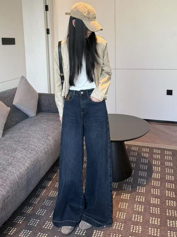 十三行女装辣妹大阔腿牛仔裤女冬季款加绒高腰宽松直筒裤加厚植绒|undefined