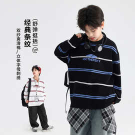 男大童秋冬韩范条纹运动长袖t恤2026新款青少年儿童秋季纯棉上衣