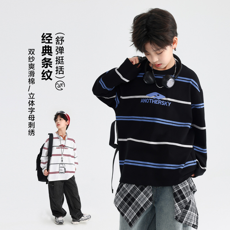 Boys' Autumn and Winter Korean Style Striped Sports Long-Sleeved T-Shirt 2026 New Model Youth and Children's Autumn Pure Cotton Top