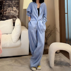 粉色休闲时尚衬衫套装2025春秋简约新中式衬衣阔腿裤两件套可代发