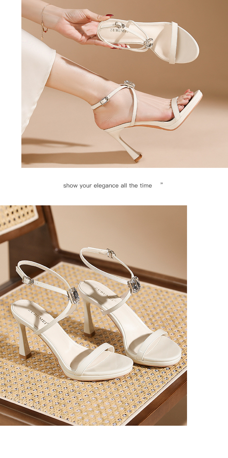 Sandal cao gót nữ mũi tròn kiểu Pháp, quai chéo buộc dây, gót nhọn 9 cm — trắng ngà chi tiết 8