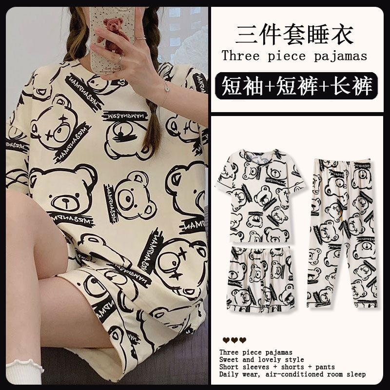 Summer Pajamas Women's Cartoon Cute Cartoon Bear Home Clothes Japanese and Korean Style Casual Crewneck Short-sleeved Trousers Three-piece Suit