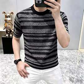 7289-夏季新款男士爆款条纹圆领修身T恤流行薄款