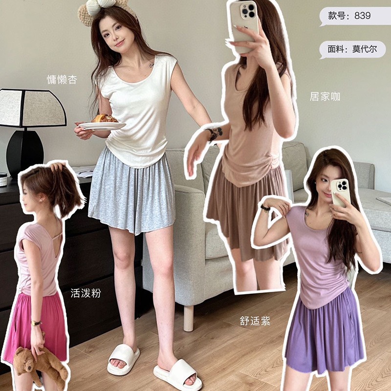 Otaku Diary with Breast Pad Big V Beauty Strap Bra Temperament Home Clothes Set Solid Color Casual Shorts Sleeve Pajamas for Women