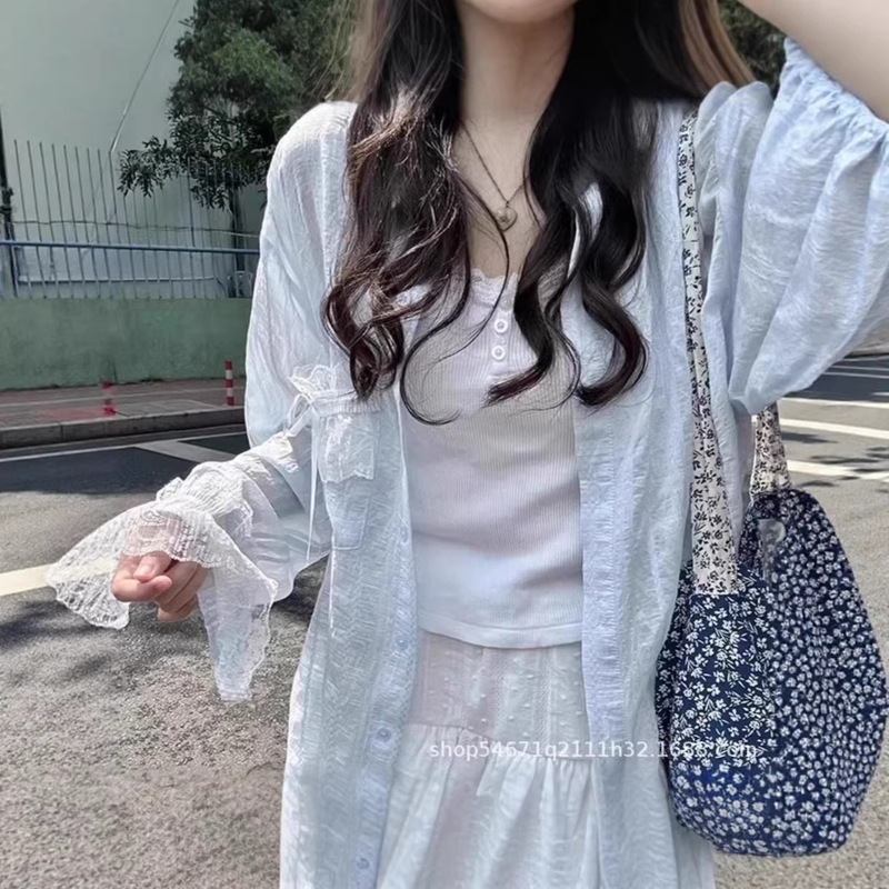 Lace Patchwork Shirt Jacket for Women, Summer Thin Loose Casual Sun Protection Shirt Outerwear Southeast Asia