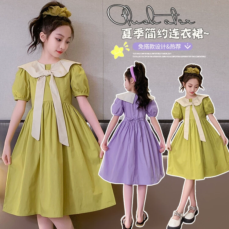Solid short sleeve dress, summer uniform, collar, skirt, for teenagers, western style