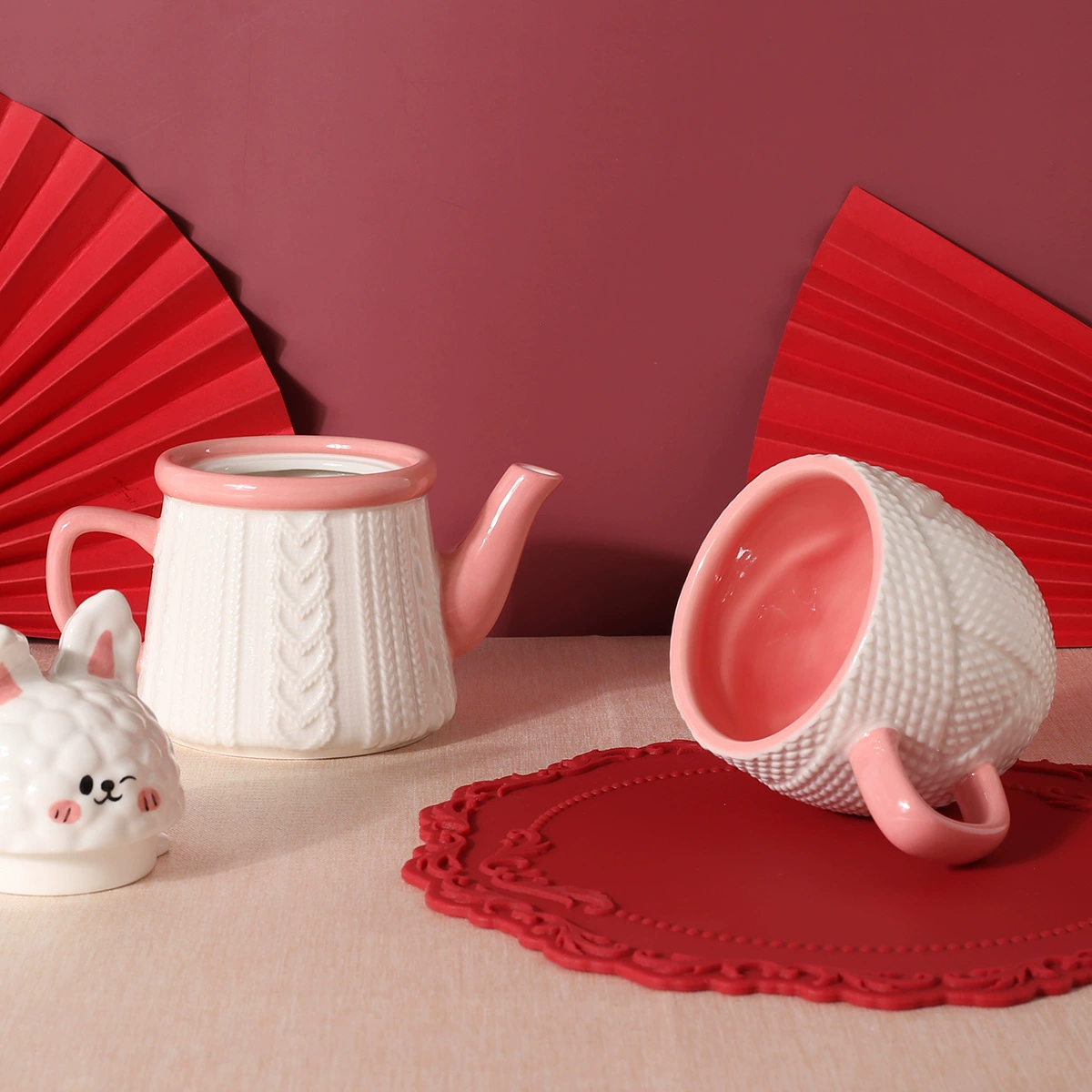 Creative cartoon cute teapot, rabbit, ceramic tea set, hand painting