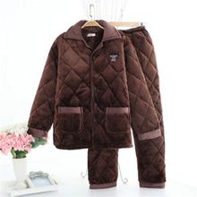 冬季男士三层夹棉加厚睡衣珊瑚绒大码中老年棉袄法兰绒家居服哒