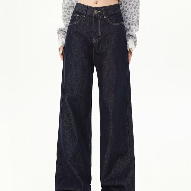 Vintage Dark Blue Wide-Leg Jeans for Women 2025 Summer High-Waisted Loose Small Pleated Straight-Leg Floor-Length Pants