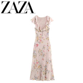 ZAZA 自制欧美风 批发女装时尚百搭气质休闲慵懒风花朵迷笛连衣裙
