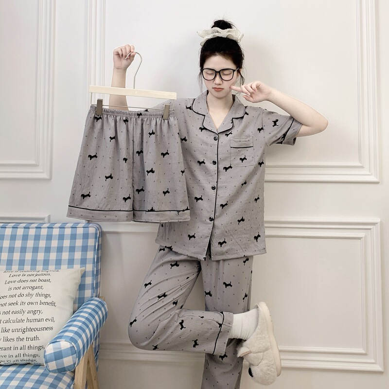 Cloud Cotton Three-Piece Cartoon Pajamas for Women Spring and Summer Thin Short-Sleeved Long Pants Home Clothes Summer Cloud Cotton Three-Piece Cartoon Pajamas for Women Spring and Summer Thin Short-Sleeved Long Pants Home Clothes Summer