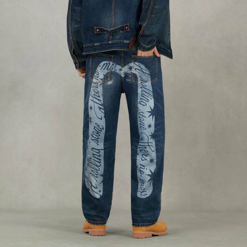 Evisu Amazon Cross-Border European and American Style Men's Jeans Street Style Ripped Printed High-Waisted Loose Straight Jeans for Men