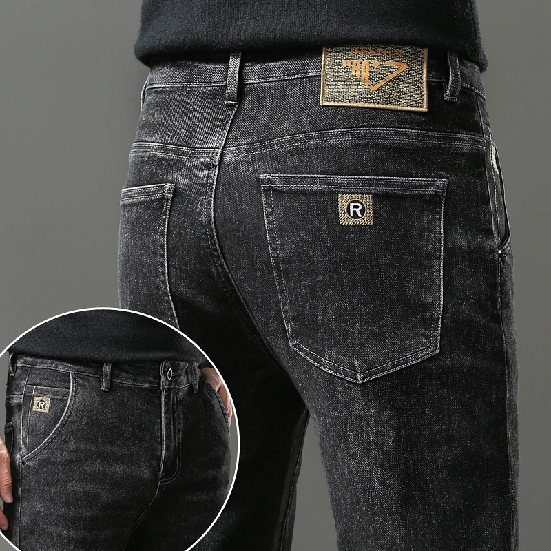 Neues Produkt, hochwertige, gewaschene, schmal geschnittene, elastische, bestickte Jeanshose für Herren mit geradem Bein, dick für Herbst und Winter_voghion.com