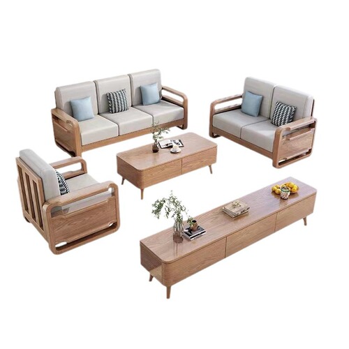 Nordic solid wood fabric sofa simple living room small apartment three-seat log complete ash wood sofa combination