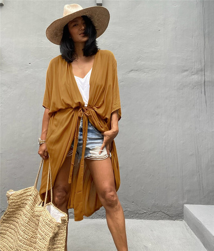 European and American cotton solid color with belt beach robe sexy open shirt loose with belt vacation bikini outer robe