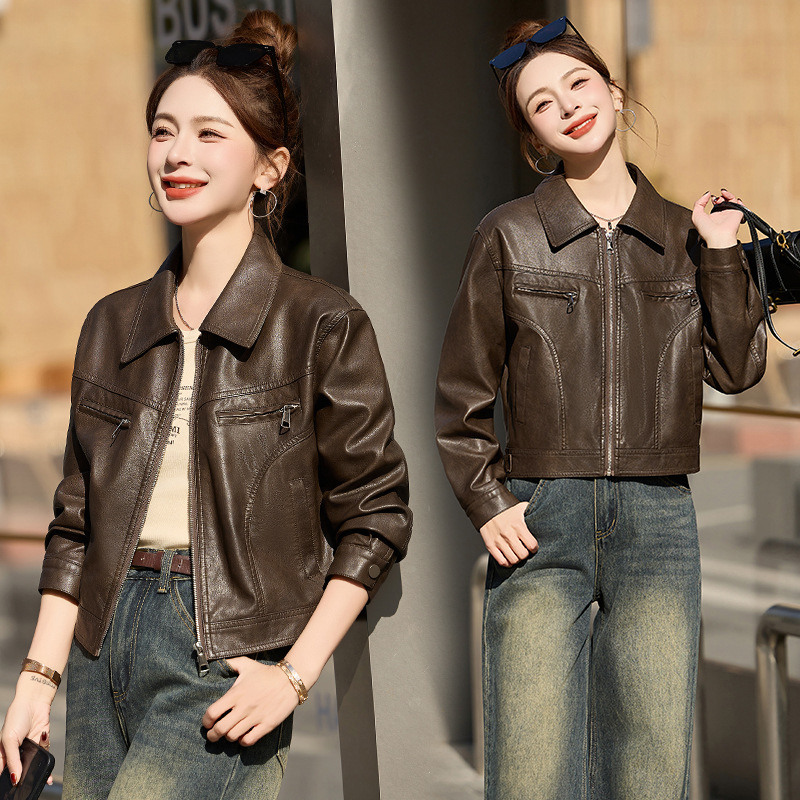 2025新款绵羊皮皮衣女时髦显高显瘦百搭机车服女士时尚翻领皮外套|undefined