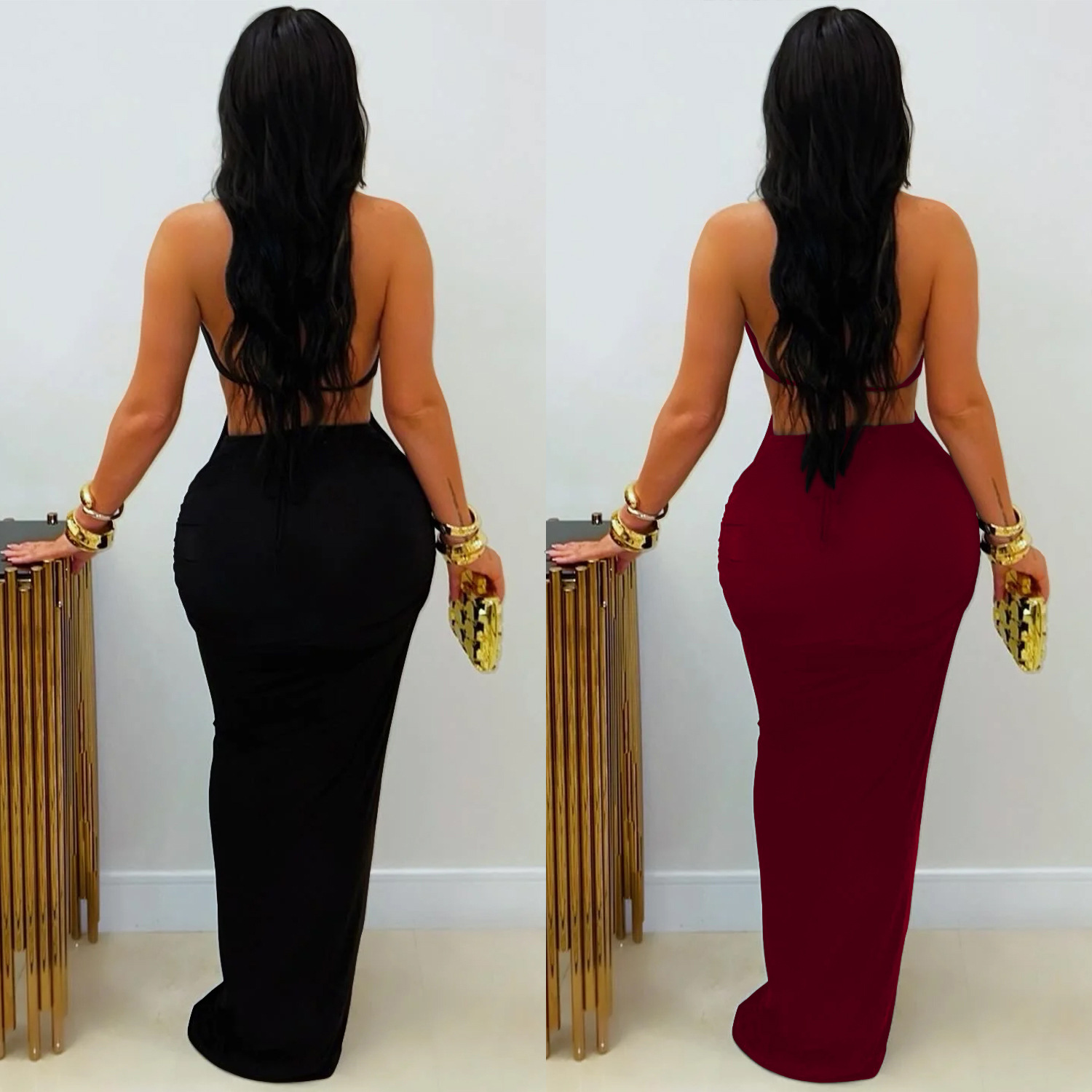 C7572 Aliexpress transfronterizo amazon ropa de moda europea y americana sexy delgada de color sólido correa de brazo vestido image 3