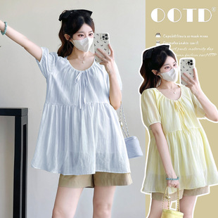 Real Stock Shot - Maternity Wear Summer Short-Sleeved Fashionable Gradient Korean Style V Neck Versatile Age-Reducing Baby Doll Shirt Maternity Top