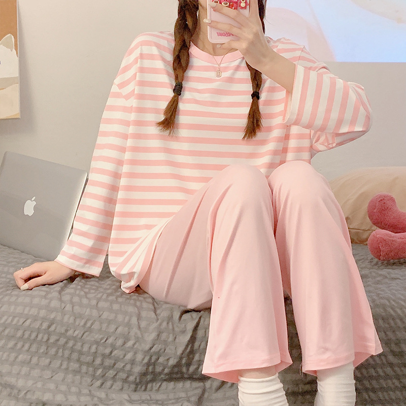 (2개) 줄무늬 잠옷 여성의 봄과 가을 얇은 둥근 목 긴팔 바지 한국식 느슨한 학생 가정 옷 세트