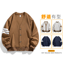 跨境男装日系复古V领长袖卫衣春秋新款情侣针织开衫宽松撞色外套