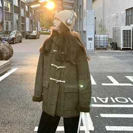 连帽短款呢大衣女冬2025新款内胆羊羔毛拼接毛呢外套宽松呢子上衣