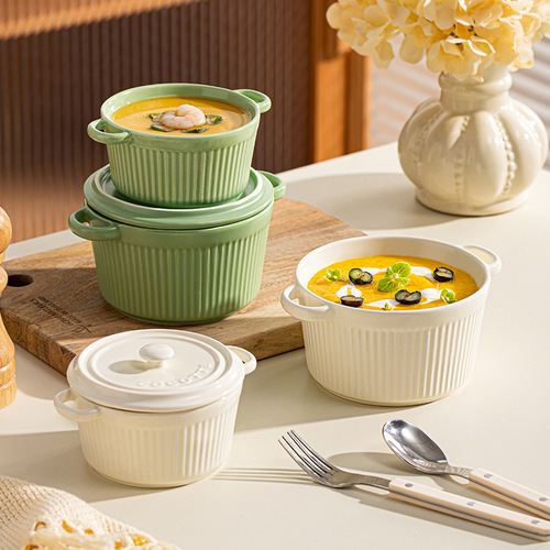 Ceramic Minimalist Striped Double-Eared Covered Steamer Egg Home Use One Person Portion Creative Stew Pot Soup Bowl Baking Bowl Soup Bowl Tableware