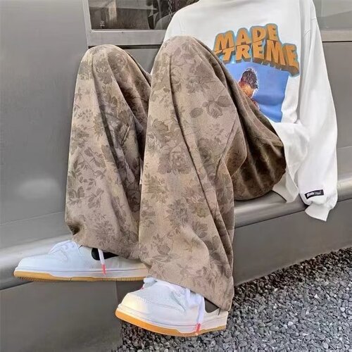 Men's Spring American Retro Floral Casual Loose High-Waist Straight Leg Long Pants Slim Wide Leg Pants Trendy