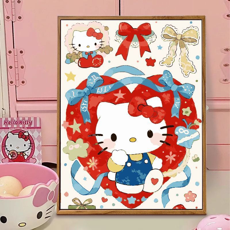 Bowknot Kitty Digital Oil Painting DIY Coloring Hand-Painted Cartoon Healing Stress Relief Oil Painting Decorative Wall Art