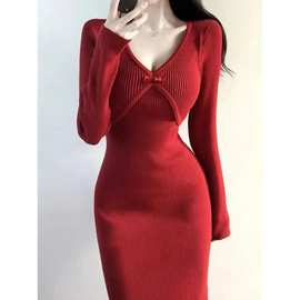秋冬新中式复古红色改良针织旗袍盘扣修身显瘦中国风年轻款包臀裙