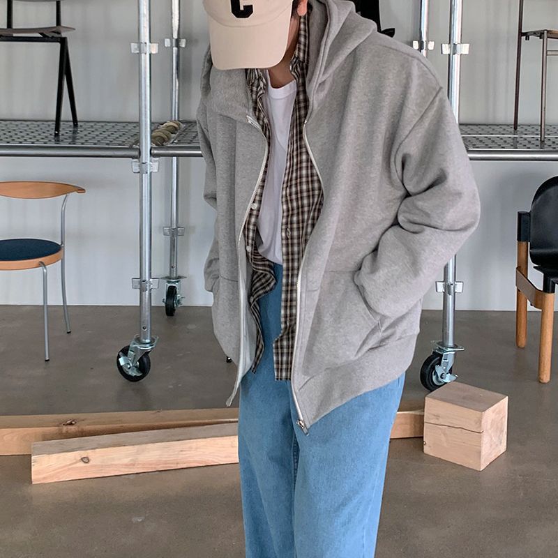 [Clearance] Solid Color Hooded Cardigan Sweater Men's Spring Korean Style Loose Fashionable Simple Casual All-match Zipper Outer