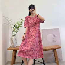 复古文艺棉麻印花圆领短袖连衣裙2025年新款宽松舒适女中长款裙子
