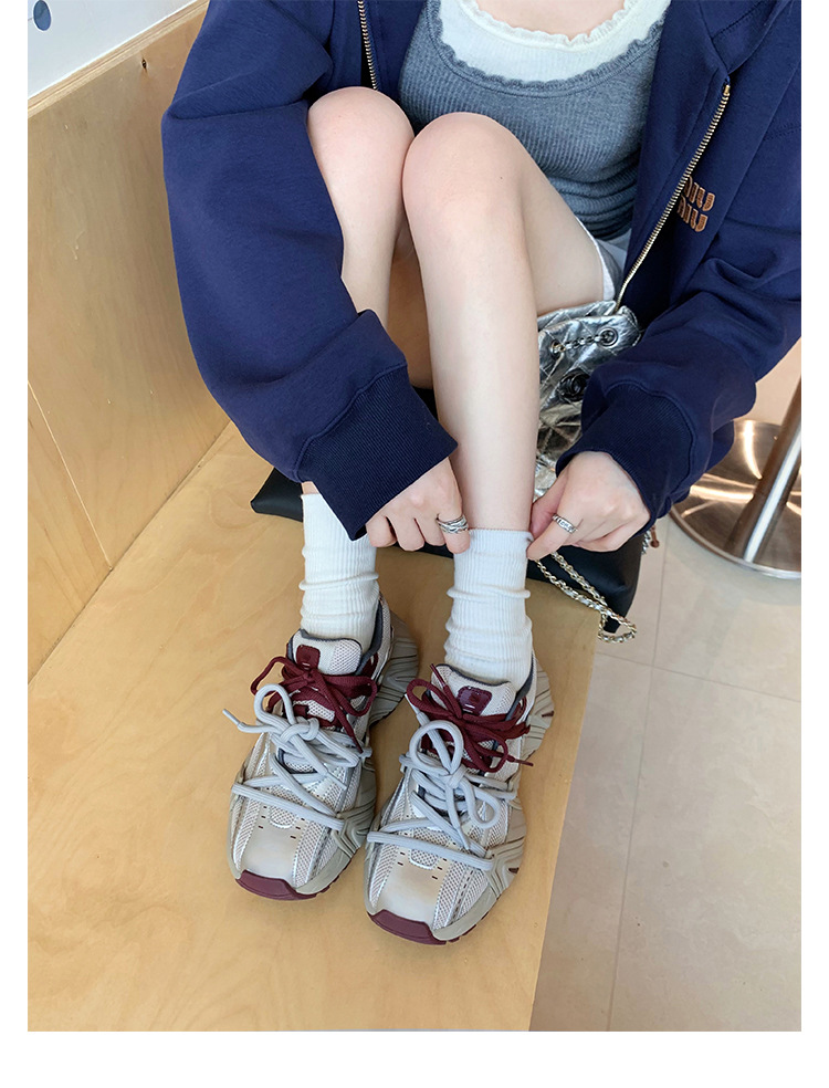 Versión de piel de oveja ~ estilo mesh empalme grueso aumento de suela zapatos deportivos casuales zapatos de papá zapatos muffin de cuero nuevo