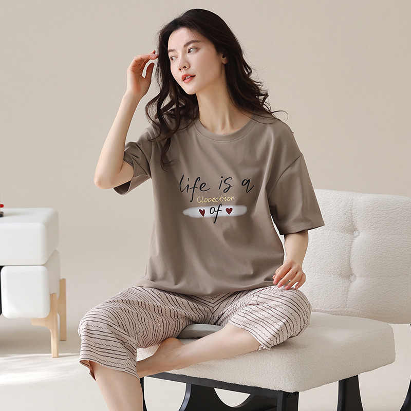 Korean Style Pajamas Women's Summer Cotton Short-sleeved Capri Pants Summer Thin Sweet Cute Summer Home Suit Two-piece Suit