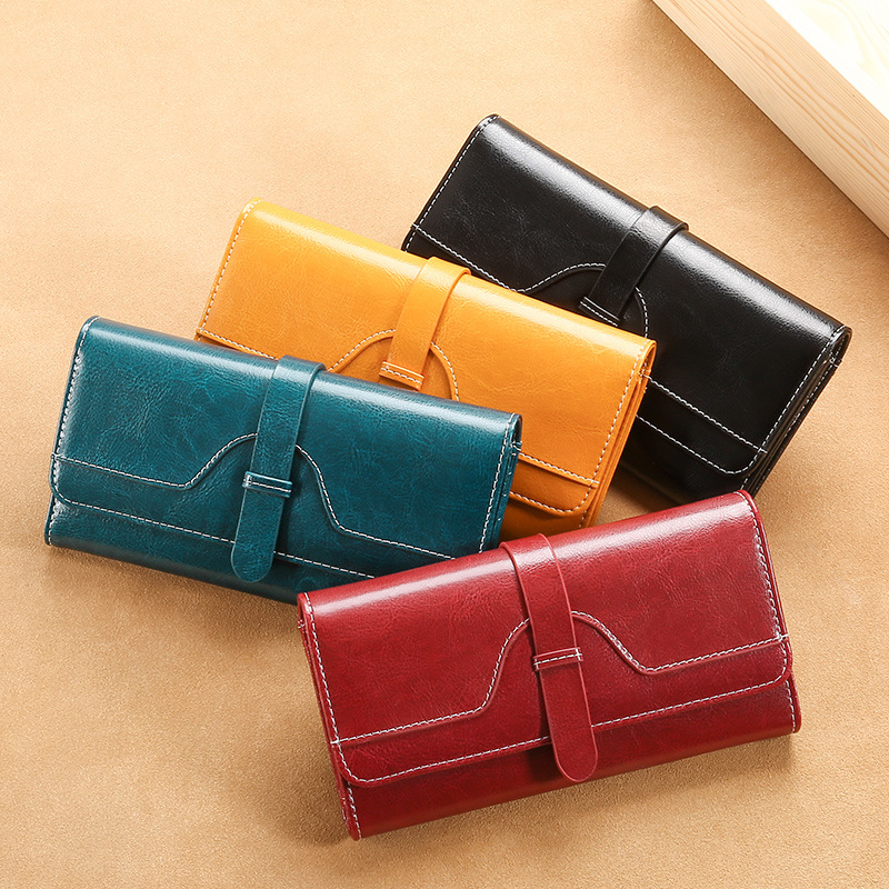 Wholesale Women's Long Genuine Leather Wallet Fashion Tri-Fold Leather Purse Luxury Vintage Coin Purse - Thumbnail 4
