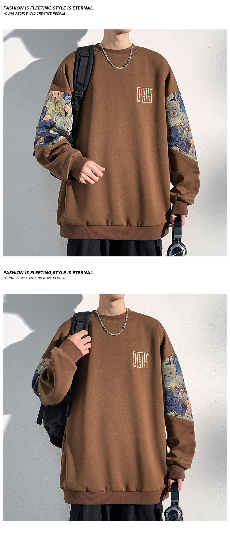 Schweres Herren Crewneck Sweatshirt Mit Bären Stickerei Pullover_voghion.com