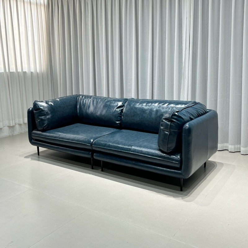 French-Style Leather Sofa for Living Room, Office, or Clothing Store, Vintage Light Luxury Oil Wax Leather Sofa, Blue, Suitable for Small Spaces, Double or Triple Seating