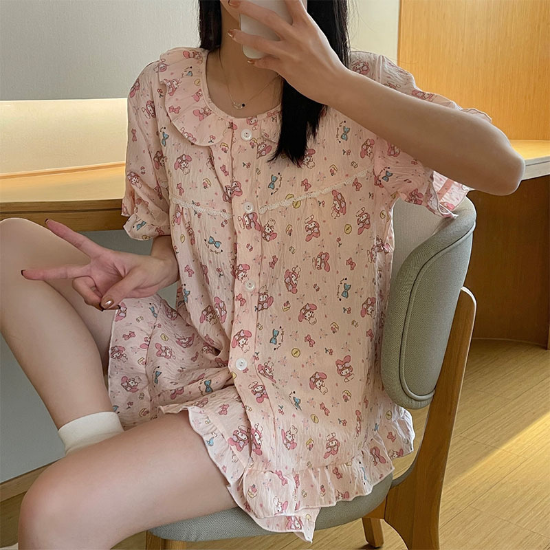 Pijamas de algodón nubes al por mayor transfronterizos mujeres con cojín de pecho cardigan de verano pantalones cortos de mangas cortas dulces y sueltos set de ropa para el hogar