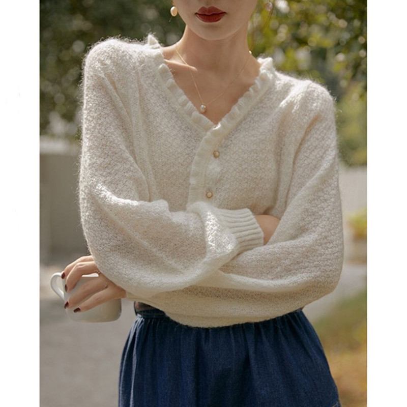Mohair Knitted Cardigan Jacket for Women 2024 New Spring and Autumn Thin V-Neck Sweater Loose Lazy Style Top