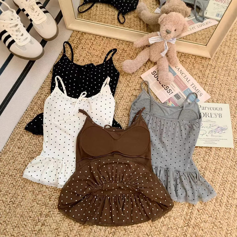 Rayon Polka Dot Camisole with Beautiful Back Design, Paired with a Scarf Ribbon, V-Neck Bowknot Camisole, Slim-Fit Hot Girl Top with Lace